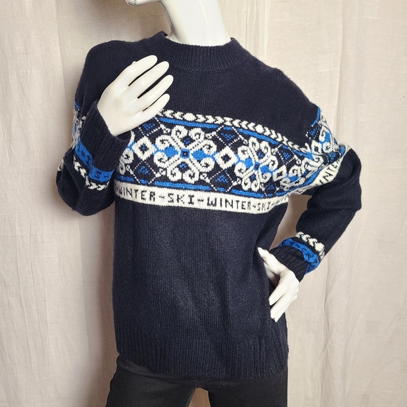 H&M Women's Jacquard Knit Black Blue Winter Ski Fair Isles Alpine Sweater - Picture 2 of 12